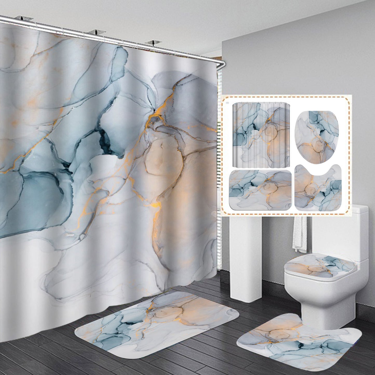 Juego de Cortina de Ducha con Alfombra y Fundas de Baño